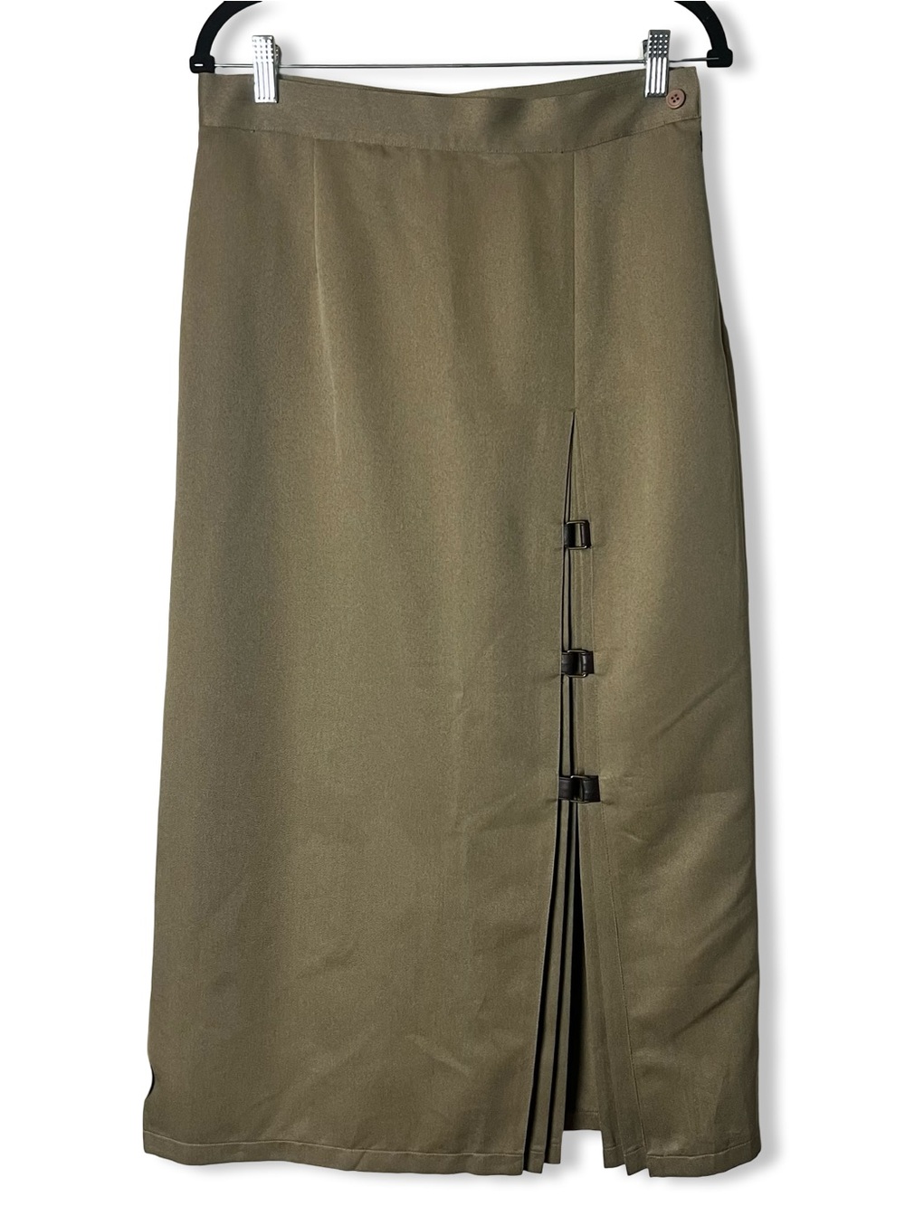Together Vintage 80s Tan Midi Skirt Faux Leather Buckle Straps Pleated Slit Sz S